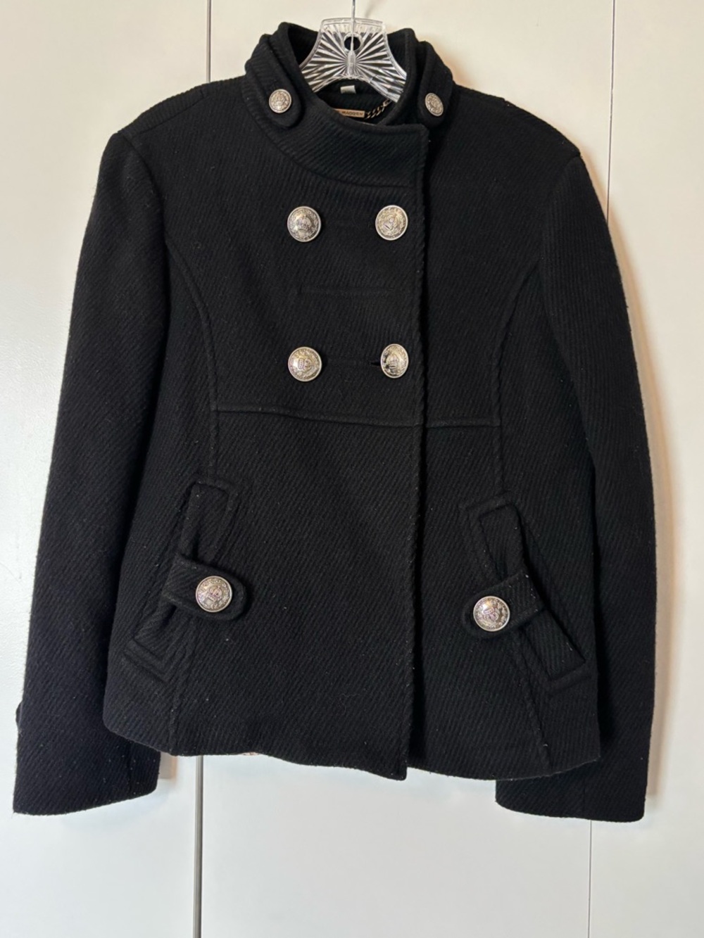Steve Madden Black Double-Breasted Military Peacoat